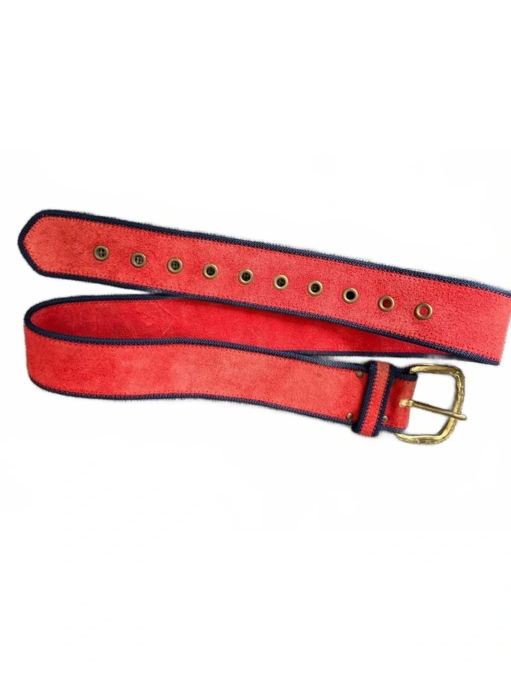 Vintage Red Suede Leather Belt Navy Trim Brass Buckle Adjustable Made in USA